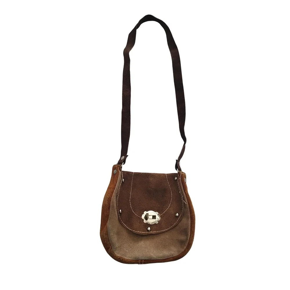 Vintage Brown Leather Hand Crafted Purse Bag Mini Hippie Retro‎ Hobo